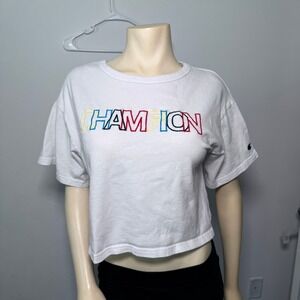 Champion Cropped T-Shirt Women Medium White Excellent Reverse Weave Logo WL956